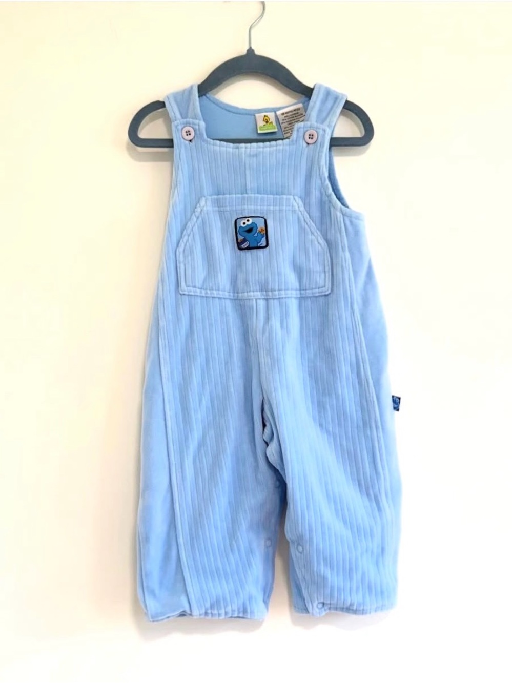 Vintage/ Y2K Sesame Street Cookie Monster soft ribbed fabric overalls 18 months.